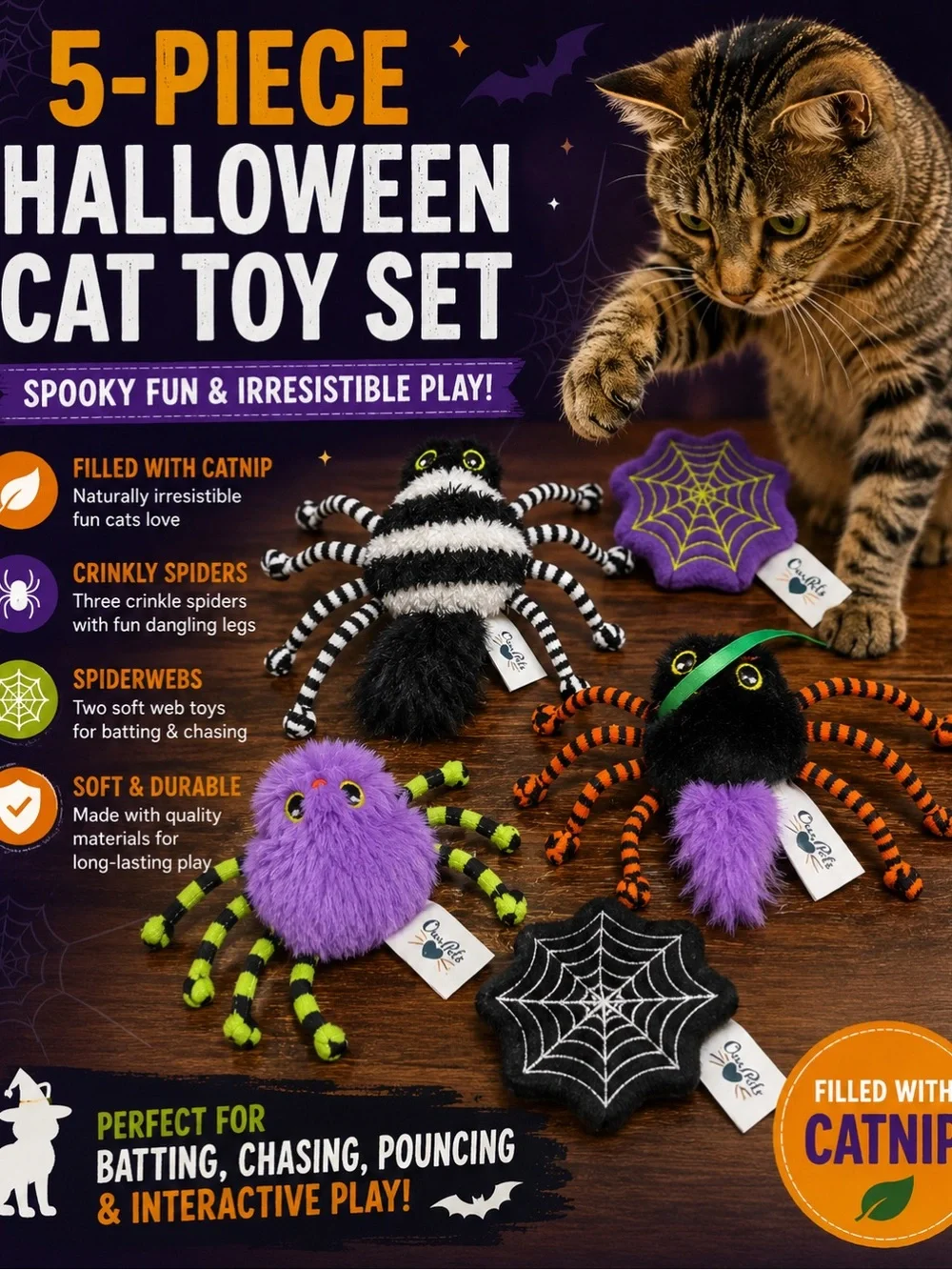 Catnip Halloween Spider Toy Set - Purple & Black - 5-Piece Pack